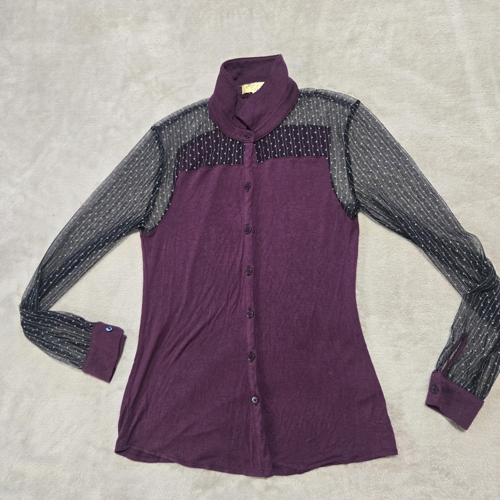 Princess Vera Wang Plum and Charcoal Button Down Shirt Size Small Lace Sleeves